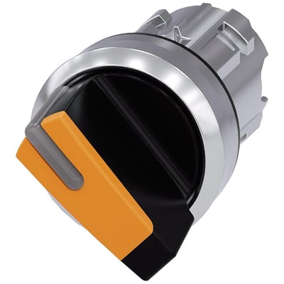 Siemens 22mm lysomskifter i metal med højglans orange front og sort drejeknap på hvid baggrund.