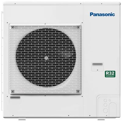 Panasonic U-71PZH4E8 udedel i hvid plast med stor cirkulær ventilatorgrill og R32 kølemiddel mærkat.