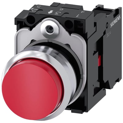 Siemens trykknap 22mm med 1 NC kontakt, rund rød metalfront og skrueterminal vist forfra med holder.