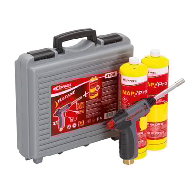 Weller Express Vulcane 470a gasbrændersæt med turbobrænder, to gasflasker og opbevaringskuffert.