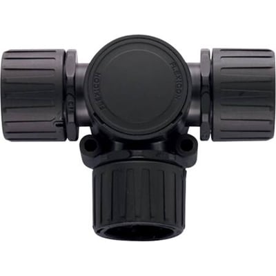 HellermannTyton T-stykke i sort PA66 materiale, designet til 21mm rør med tre tilslutninger og IP66-klassificering.