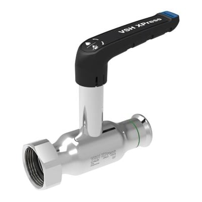 VSH Xpress kuglehane i rustfrit stål med en 3/4" gevind, 22 mm pressfitting, høj spindel og sort håndtag med VSH Xpress logo.