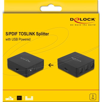 Emballagen viser DeLock S/PDIF TOSLINK-splitteren med én indgang og tre udgange til USB-strøm.