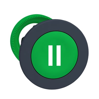 Schneider Electric Harmony XB5/ZB5 flush trykknap i grøn med hvidt "II" symbol og grå kant. Set forfra.