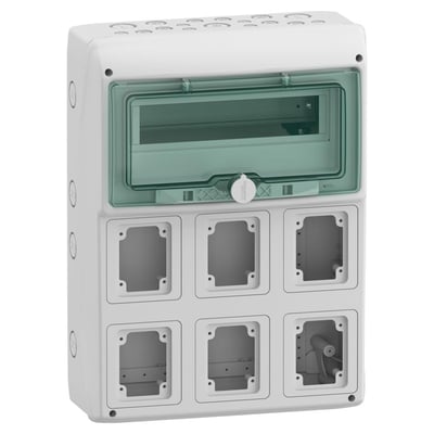 Schneider Electric Kaedra kapsling i hvid plast med grønt gennemsigtigt låg, vist fra skrå vinkel med seks udskæringer til stik.