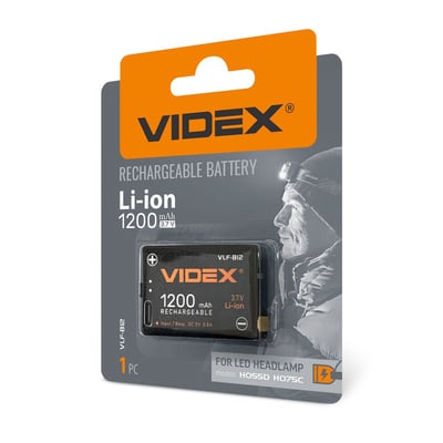Videx genopladeligt Li-ion-batteri på 1200 mAh i emballage, med batteriet synligt foran på pakken.