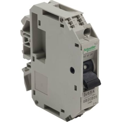 Schneider Electric automatsikring GB2CB05 0.5A, vist fra siden med fokus på grå plastkabinet og sort afbryderhåndtag.