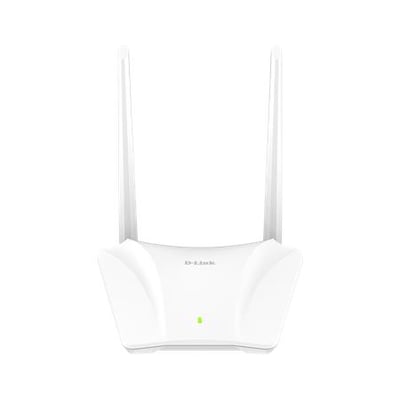 Hvid D-Link N300-router med to lodrette antenner, set forfra; den giver Wi-Fi på 2,4 GHz.