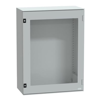 Schneider Electric vægskab 7035 poly med rude, 847x636x300 mm, vist med frontdør lukket og lysere grå finish.