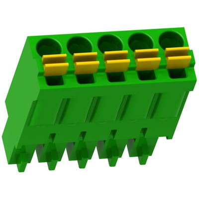 3D-gengivelse af Schneider Electric Smartlink Konnektor med 5-pins TI24 Interface, fremhæver den grønne plasthus og gule terminalklips.