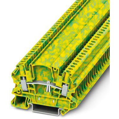 Phoenix Contact UTMED 4-PE jordklemme i grøn/gul med skruetilslutning, monteret på skinne.