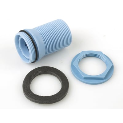 Blåt gibssæt i plast til sanikobling, bestående af en gevindmuffe og møtrik, samt en tætningsring til 15mm rør.