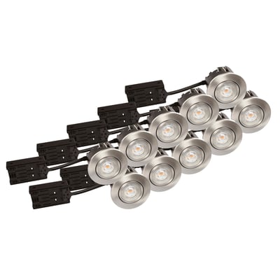 10-pak Scan Products Luna Quick Install GU10 spots i børstet aluminium med tilslutningsbokse og kabler, klar til montering.