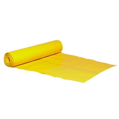 Gule affaldssække på rulle, hvor én sæk er rullet ud; hver sæk måler 720 x 1100 mm og er 100 my tyk.