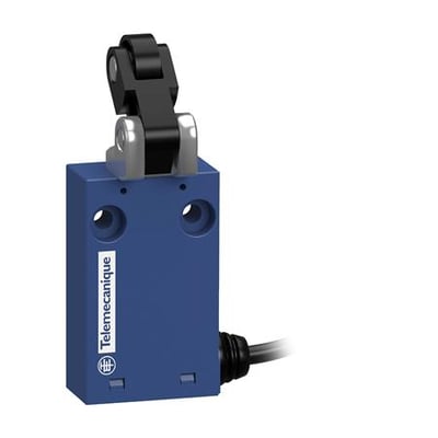 Telemecanique Sensors XCMH2121L1R0-endestopkontakt med blåt hus, sort rullearm og sideført kabel, set skråt forfra.