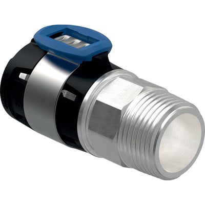 Geberit FlowFit overgang i sort med blank metal-gevind og blå låsemekanisme, 20mm x 3/4".