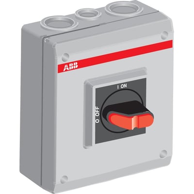 Illustration af ABB sikkerhedsafbryder 3P, 30A i grå kunststofkapsling med angivelse af ON/OFF positioner.