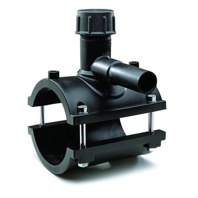 Sort el topanboringsbøjle til 110mm rør med 32mm gren, PN 16 bar, præsenteret på hvid baggrund.