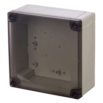 Fibox PC 125/75 HT kasse med glatte sider og transparent låg, viser indvendige beslag til montageplade eller DIN-skinne.