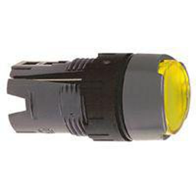 Schneider Electric lampetryk Ø16 mm, rundt gult kiptryk ZB6AF5 med sort plastikhus og IP65-beskyttelse.