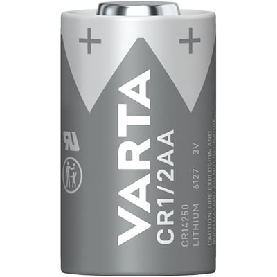 Nærbillede af et Varta CR1/2AA lithium batteri med tydelig Varta logo, 3V og CR14250 mærkning.