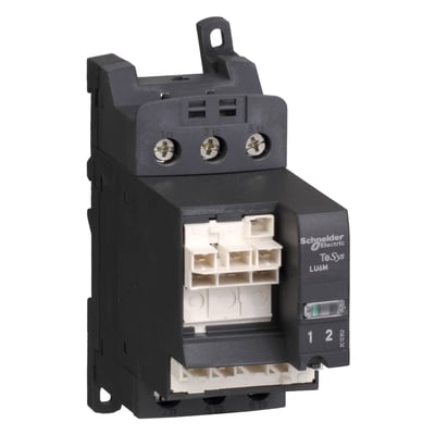 Schneider Electric TeSys U reverser modul LU6M 24VAC med skrueterminaler og hvide stik på en hvid baggrund.