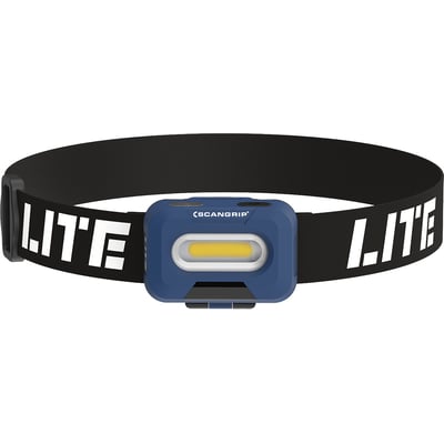 Scangrip Head Lite A pandelampe med 150 lumen, viser den blå enhed med lys og justerbar sort rem med hvid tekst.