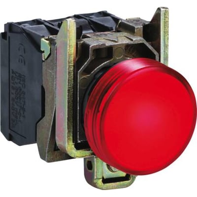 Schneider Electric rød LED signallampe XB4 til 24VAC/DC med 22 mm montagediameter på hvid baggrund.
