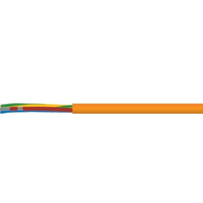 Orange PUR kabel 5G1.0 H05BQ-F, der viser de fem indre farvede ledere (grøn, gul, rød, blå) og den orange yderkappe.