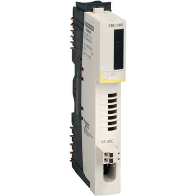 Schneider Electric Modicon STB kit, et hvidt og gråt startmodul til bus-udvidelse med mærket XBE1300 og 24 VDC angivet.