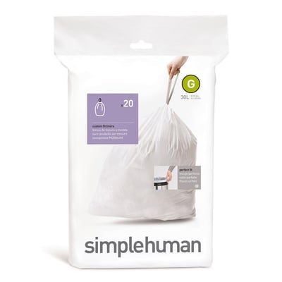 Emballage med 20 stk. simplehuman hvide specialtilpassede poser på 30 liter med kode G og perfekt pasform.