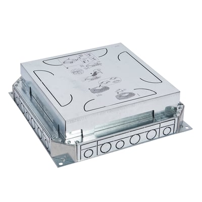 Legrand indstøbningsboks til gulvboks med firkantet metaldæksel med monteringsinstruktioner, beregnet til fliser og marmor.