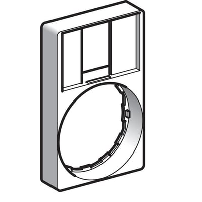 Teknisk tegning af en Schneider Electric sort skilteholder til 18x27mm skilte, der viser dens dimensioner og monteringsdetaljer.