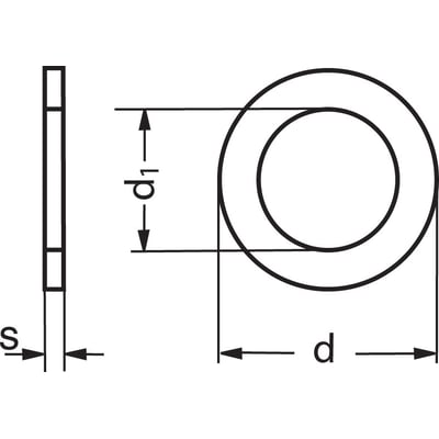 Diagram af ubehandlet stål passkive DIN 988, der viser ydre diameter (d), indre diameter (d1) og tykkelse (S).