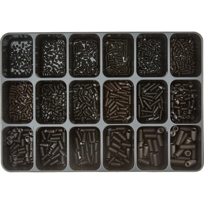 Sortimentskasse med 1300 sorte pinolskruer DIN 916-45H med krater, opdelt i 18 rum i en robust stålkuffert.