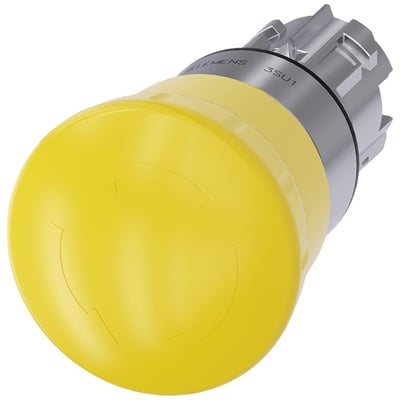Siemens paddehattrykknap i skinnende gul med 40mm diameter og 22mm rund metalmontering.