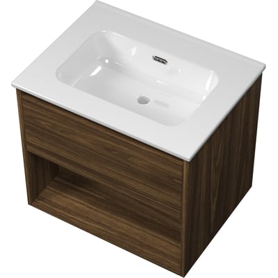 Sanibell Proline møbelsæt i cabana eg med 61cm bredde, 1 skuffe og åben hylde, hvid porcelænsvask.