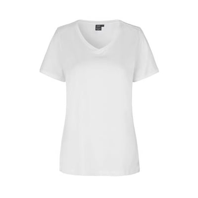 ID Identity Pro Wear Care dame T-shirt med V-hals i hvid, fremstillet af bomuld og recycled polyester.