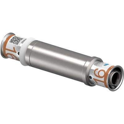 Uponor S-Press PLUS skydemuffe på 16 mm set skråt fra siden med sølvfarvede muffer og mærkning.
