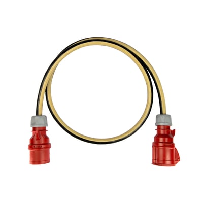 Alukaflex 5G6, 32A kabelsæt med CEE stikprop i hver ende, sort kabel med gul stribe, 50 meter langt og IP44 klassificeret.