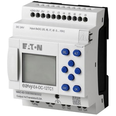Eaton EASY-E4-DC-12TC1 kontrolrelæ med display, knapper og tilslutningsterminaler på hvid baggrund.