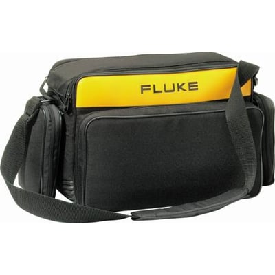 Fluke C195 blød transporttaske med gul frontpanel og sort lynlås, 231x513x231mm, egnet til forskellige Fluke-modeller.
