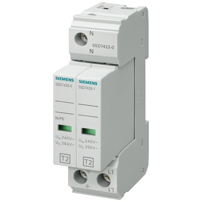 Siemens overspændingsafleder 5SD7 C/T2/II 350V 2P, viser enhedens kompakte design med tydelige mærkater for N og L1.