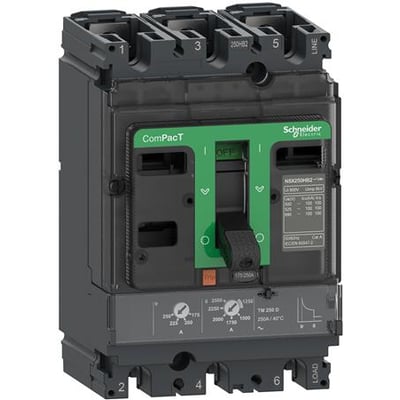 Schneider Electric ComPacT NSX250N maksimalafbryder i 3P 3d, med 160A termisk-magnetisk relæenhed og grøn afbryder på mørk baggrund.