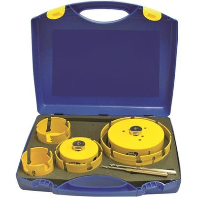 PRO-FIT Multi Purpose HM hulsavsæt med 8 dele, inklusive 86-210 mm HM hulsave i en åben blå kuffert.