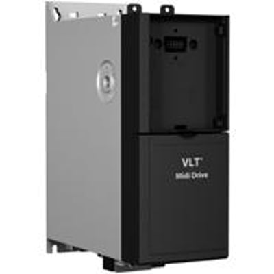 Danfoss VLT® Midi Drive FC 280 frekvensomformer, 0,75 kW, trefaset 200-240 VAC, med sort frontpanel og sølvfarvet metalkabinet.