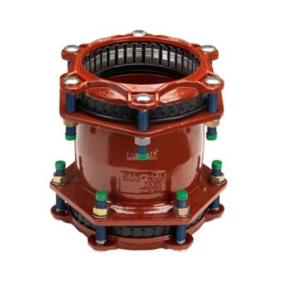 Georg Fischer MULTI/JOINT 3007 Plus lige kobling, 192-232 mm, PN16, i rød epoxybelagt duktilt støbejern med EPDM-pakning.