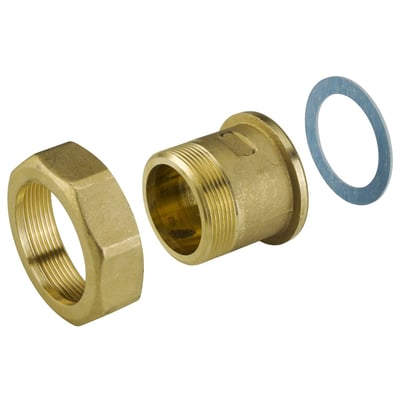 Danfoss gevindnippel til AB-QM ventiler, adskilt i tre dele: messingnippel, messingomløber og blå pakning.