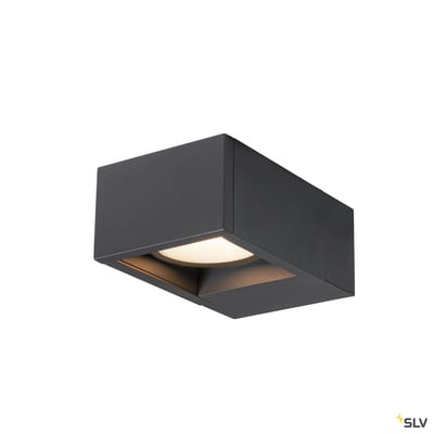 SLV Eskina Frame er en antracitfarvet væglampe på 15 W med indbygget LED og lys, der ses under lampen.