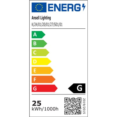 Energimærke for Ansell Lighting K-Cell LED bånd, der viser energiklasse G og et forbrug på 25 kWh/1000h.